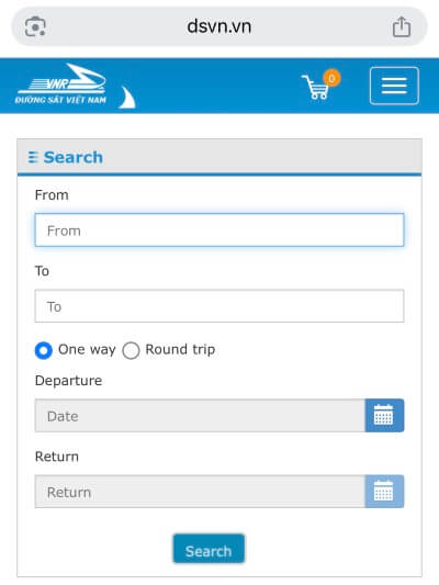 ベトナム統一鉄道の公式サイトのトップ画面