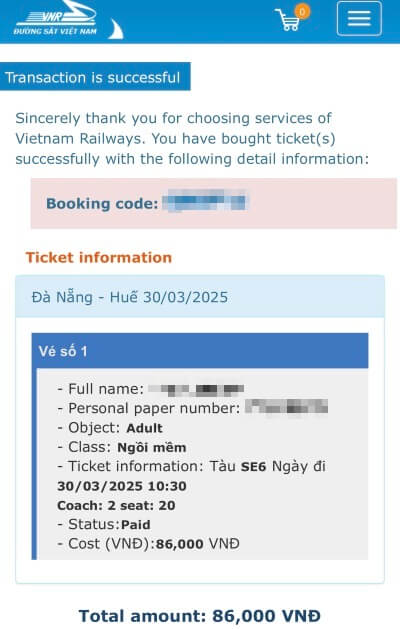 ベトナム統一鉄道を公式サイトで予約できた時の画面