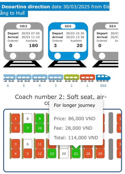 ベトナム統一鉄道を公式サイトで予約する方法と座席の料金