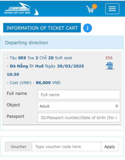 ベトナム統一鉄道を公式サイトで予約するときの情報を入力する方法