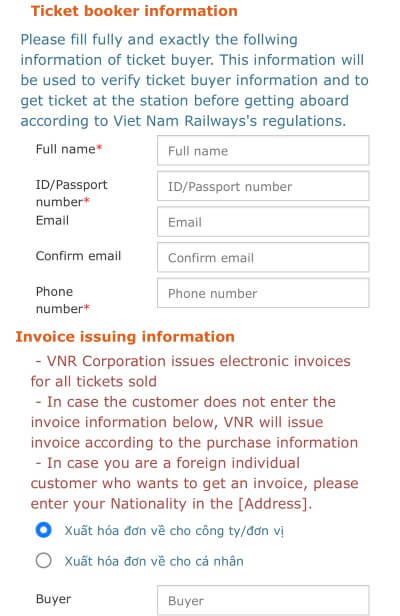 ベトナム統一鉄道を公式サイトで予約するときの情報入力画面